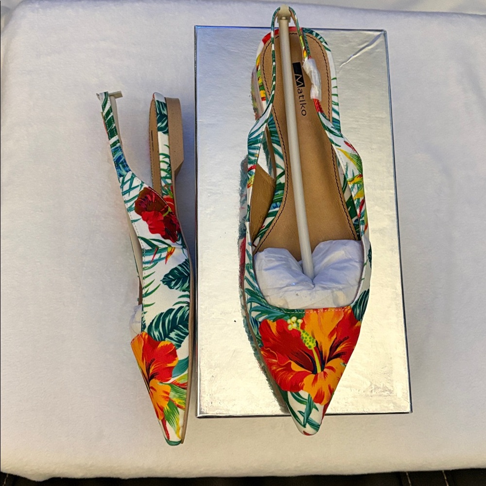 🦜 Matiko Lori Hawaiian Print Flat Pointed Toe Slingback Shoes. New!